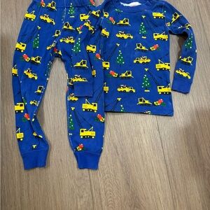 Hanna Andersson Blue Pajama Set with Yellow Construction and Green Trees